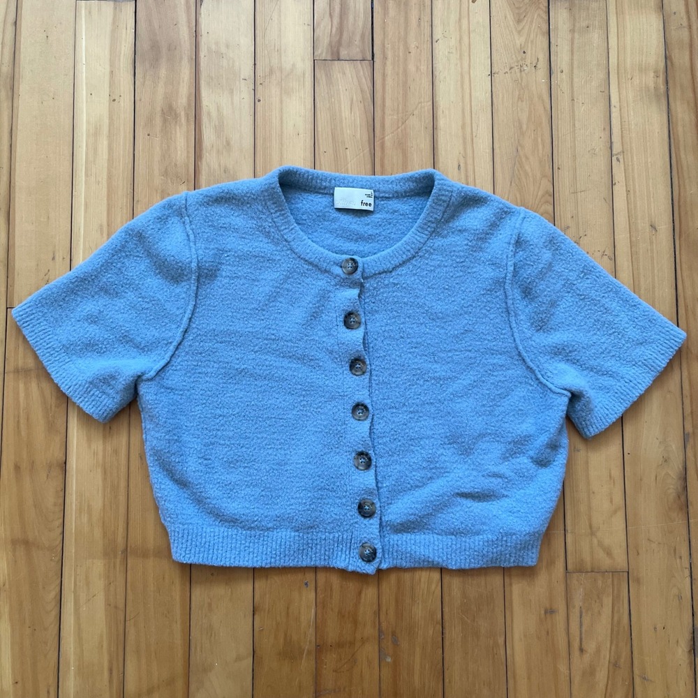 Wilfred Free Blue Short Sleeve Button Up Knit Cardigan Sweater Top Size L